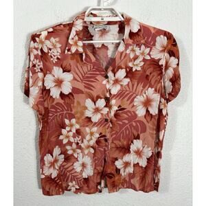 Vintage Bishop St Hawaiian Shirt Size M Orange Floral Rayon Short Sleeve